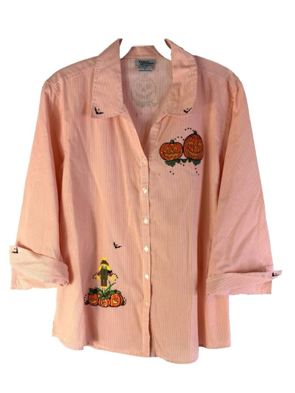 Vintage 90s Halloween Button Shirt Top Pumpkins Scarecrow Whimsical